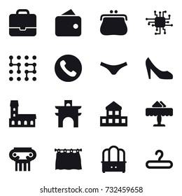 16 vector icon set : portfolio, wallet, purse, chip, phone, underpants, shoes, mansion, arch, cottage, restaurant, antique column, curtain, dresser, hanger