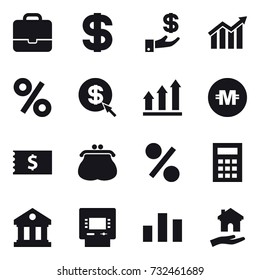 16 vector icon set : portfolio, dollar, investment, diagram, percent, dollar arrow, graph up, crypto currency, receipt, purse, calculator, library, atm, housing