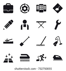 16 vector icon set : portfolio, around gear, server, under construction, pencil, iron board, soil cutter, shovel, rake, vacuum cleaner, clean floor, brush, iron