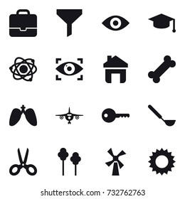 16 vector icon set : portfolio, funnel, eye, graduate hat, atom, eye identity, home, plane, key, ladle, scissors, trees, windmill, sun