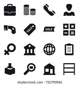 16 vector icon set : portfolio, coin stack, phone, woman, hand coin, sale label, sale, calculator, library, home, rack