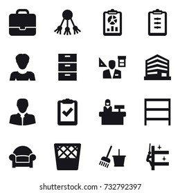 16 vector icon set : portfolio, share, report, clipboard, woman, architector, reception, rack, armchair, trash bin, bucket and broom, skyscrapers cleaning