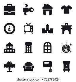 16 vector icon set : portfolio, satellite, home, t-shirt, info, tv, castle, arch, cottage, building, arch window, disco ball, restaurant, armchair, hive