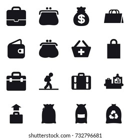 16 vector icon set : portfolio, purse, money bag, shopping bag, wallet, add to basket, tourist, suitcase, baggage checking, baggage, flour, garbage bag