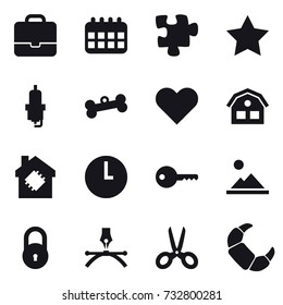 16 vector icon set : portfolio, calendar, puzzle, star, spark plug, bone, house, smart house, key, landscape, scissors