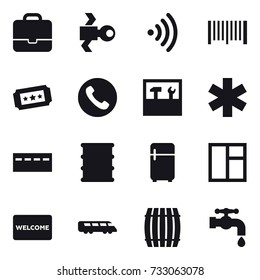 16 vector icon set : portfolio, satellite, wireless, barcode, ticket, phone, tools, bunker, fridge, window, welcome mat, barrel, water tap