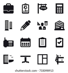 16 vector icon set : portfolio, report, store signboard, calculator, skyscrapers, pencil, architector, hotel, table, window, skyscrapers cleaning