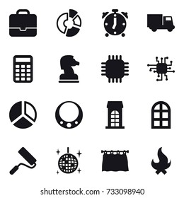 16 vector icon set : portfolio, circle diagram, alarm clock, truck, calculator, chess horse, chip, diagram, necklace, building, arch window, repair, disco ball, curtain, fire