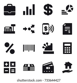 16 vector icon set : portfolio, graph, dollar, diagram, cashbox, core splitting, phone pay, account balance, percent, barcode, calculator, credit card, housing