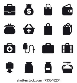 16 vector icon set : portfolio, money bag, shopping bag, wallet, purse, add to basket, suitcase iocn, suitcase, baggage get, flour, washing powder