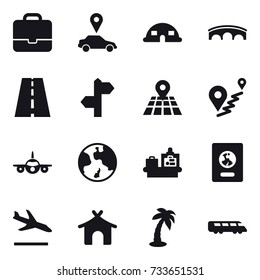 16 vector icon set : portfolio, car pointer, dome house, bridge, earth, baggage checking, passport, arrival, bungalow, palm