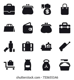 16 vector icon set : portfolio, purse, money gift, shopping bag, wallet, passenger, suitcase, baggage checking, baggage trolley, flour, fertilizer, washing powder