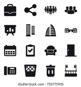 16 vector icon set : portfolio, share, team, group, presentation, skyscrapers, skyscraper, school, armchair, door, trash bin, skyscapers cleaning