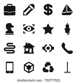 16 vector icon set : portfolio, pencil, dollar, boat, chess horse, eye identity, star, spark plug, home, recycling, rake