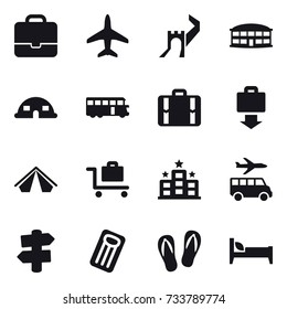 16 vector icon set : portfolio, plane, greate wall, airport building, dome house, bus, suitcase, baggage get, tent, baggage trolley, hotel, transfer, signpost, inflatable mattress, flip-flops, bed