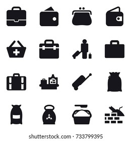 16 vector icon set : portfolio, wallet, purse, add to basket, passenger, suitcase iocn, suitcase, baggage checking, flour, fertilizer, washing powder, construct garbage