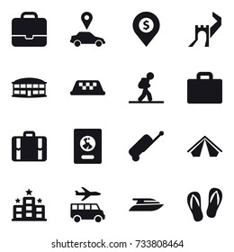 16 vector icon set : portfolio, car pointer, dollar pin, greate wall, airport building, taxi, tourist, suitcase iocn, suitcase, passport, tent, hotel, transfer, yacht, flip-flops