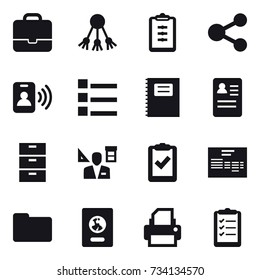 16 vector icon set : portfolio, share, clipboard, pass card, list, copybook, architector, passport, clipboard list