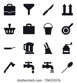 16 vector icon set : portfolio, funnel, suitcase iocn, bucket, pan, kettle, knife holder, hand mill, axe, water tap, duster