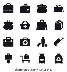 16 vector icon set : portfolio, wallet, purse, shopping bag, add to basket, passenger, suitcase, baggage get, baggage trolley, flour, garbage bag