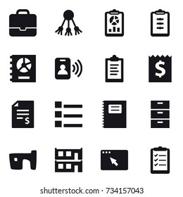 16 vector icon set : portfolio, share, report, clipboard, annual report, pass card, receipt, account balance, list, copybook, slum, modular house, clipboard list