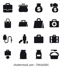 16 vector icon set : portfolio, purse, money bag, money gift, shopping bag, passenger, suitcase iocn, suitcase, baggage get, flour, washing powder