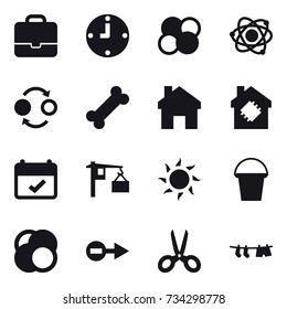 16 vector icon set : portfolio, clock, atom core, atom, quantum bond, home, smart house, sun, bucket, scissors, drying clothe