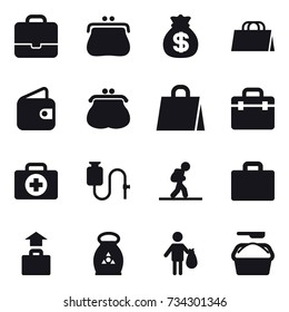 16 vector icon set : portfolio, purse, money bag, shopping bag, wallet, tourist, suitcase iocn, baggage, fertilizer, trash, washing powder