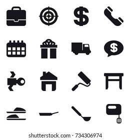16 vector icon set : portfolio, target, dollar, phone, calendar, gift, truck, money message, satellite, home, repair, stool, slippers, pan, ladle