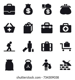 16 vector icon set : portfolio, money bag, money gift, purse, add to basket, shopping bag, tourist, passenger, suitcase, baggage trolley, fertilizer, trash, construct garbage