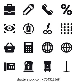 16 vector icon set : portfolio, pencil, phone, percent, eye identity, battery charge, infinity power, chip, remove from basket, calculator, globe, kettle, hive, rake
