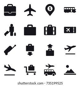 16 vector icon set : portfolio, plane, dollar pin, bus, passenger, suitcase iocn, suitcase, ticket, baggage get, baggage, departure, arrival, baggage trolley, transfer, landscape