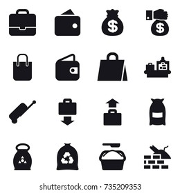 16 vector icon set : portfolio, wallet, money bag, money gift, shopping bag, baggage checking, suitcase, baggage get, baggage, flour, fertilizer, garbage bag, washing powder, construct garbage