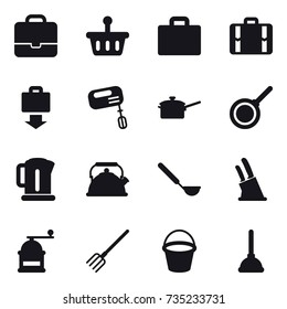 16 vector icon set : portfolio, suitcase iocn, suitcase, baggage get, mixer, saute pan, pan, kettle, ladle, knife holder, hand mill, fork, bucket, plunger