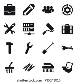 16 vector icon set : portfolio, pencil, group, around gear, pencil wrench, server, repair, suitcase, shovel, blower, vacuum cleaner, clothespin, brush, floor washing