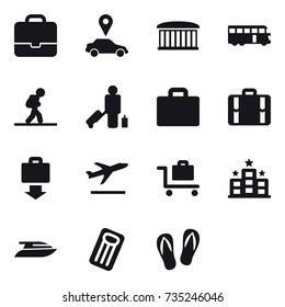 16 vector icon set : portfolio, car pointer, airport building, bus, tourist, passenger, suitcase iocn, suitcase, baggage get, departure, baggage trolley, hotel, yacht, inflatable mattress
