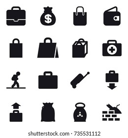 16 vector icon set : portfolio, money bag, shopping bag, wallet, tourist, suitcase iocn, suitcase, baggage get, baggage, fertilizer, construct garbage