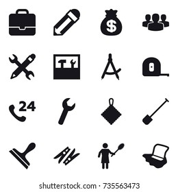 16 vector icon set : portfolio, pencil, money bag, group, pencil wrench, tools, draw compass, measuring tape, rag, shovel, scraper, clothespin, woman with pipidaster, floor washing