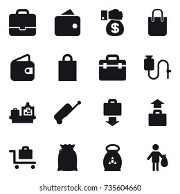 16 vector icon set : portfolio, wallet, money gift, shopping bag, baggage checking, suitcase, baggage get, baggage, baggage trolley, fertilizer, trash