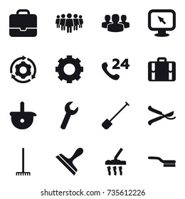16 vector icon set : portfolio, team, group, monitor arrow, around gear, gear, suitcase, shovel, pruner, rake, scraper, vacuum cleaner, brush