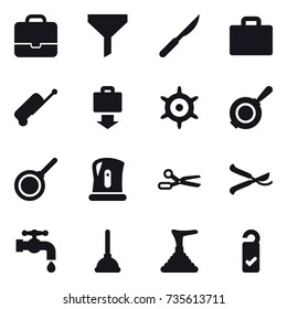 16 vector icon set : portfolio, funnel, suitcase iocn, suitcase, baggage get, handwheel, pan, kettle, scissors, pruner, water tap, plunger, please clean