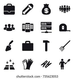 16 vector icon set : portfolio, pencil, money bag, team, group, server, measuring tape, construction, suitcase iocn, fork, clean floor, gloves, clothespin, woman with pipidaster