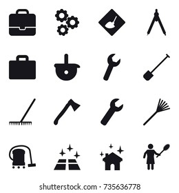 16 vector icon set : portfolio, gear, under construction, drawing compass, suitcase iocn, shovel, rake, axe, wrench, vacuum cleaner, clean floor, house cleaning, woman with pipidaster