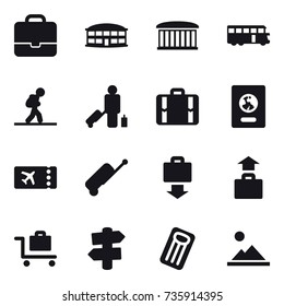 16 vector icon set : portfolio, airport building, bus, tourist, passenger, suitcase, passport, ticket, baggage get, baggage, baggage trolley, signpost, inflatable mattress, landscape