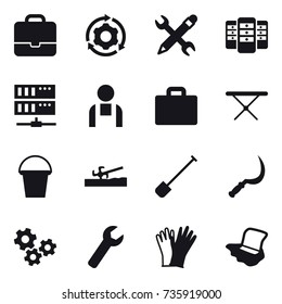 16 vector icon set : portfolio, around gear, pencil wrench, server, suitcase iocn, iron board, bucket, soil cutter, shovel, sickle, gears, wrench, gloves, floor washing