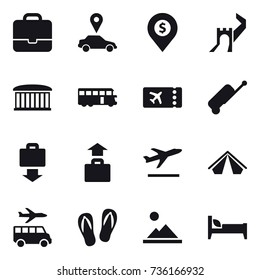 16 vector icon set : portfolio, car pointer, dollar pin, greate wall, airport building, bus, ticket, suitcase, baggage get, baggage, departure, tent, transfer, flip-flops, landscape, bed