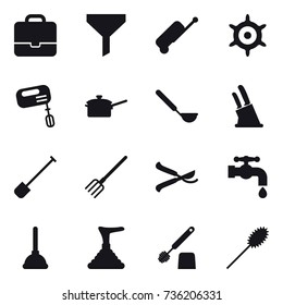 16 vector icon set : portfolio, funnel, suitcase, handwheel, mixer, saute pan, ladle, knife holder, shovel, fork, pruner, water tap, plunger, toilet brush, duster