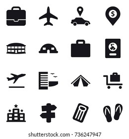 16 vector icon set : portfolio, plane, car pointer, dollar pin, airport building, dome house, suitcase iocn, passport, departure, hotel, tent, baggage trolley, signpost, inflatable mattress