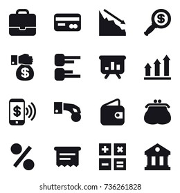 16 vector icon set : portfolio, card, crisis, dollar magnifier, money gift, diagram, presentation, graph up, phone pay, hand coin, wallet, purse, percent, atm receipt, calculator, library
