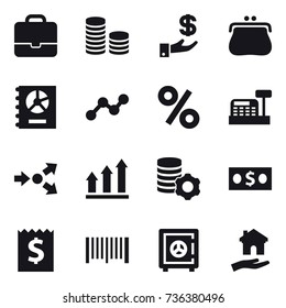 16 vector icon set : portfolio, coin stack, investment, purse, annual report, graph, percent, cashbox, core splitting, graph up, virtual mining, money, receipt, barcode, safe, housing
